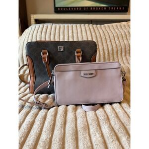 Nine West Handbag Bundle Brown Monogram Satchel & Mauve Pink Crossbody Bag